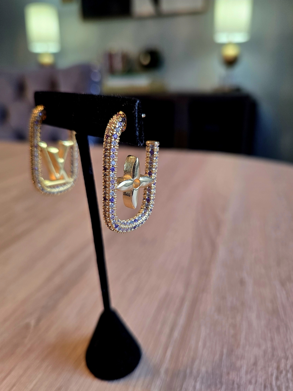 Gold And Rhinestone Floral Rectangular Logo Hoop Earrings - Picture 4 of 6